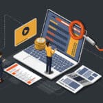 Isometric illustration of people working on a laptop with a magnifying glass.