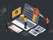 Isometric illustration of people working on a laptop with a magnifying glass.