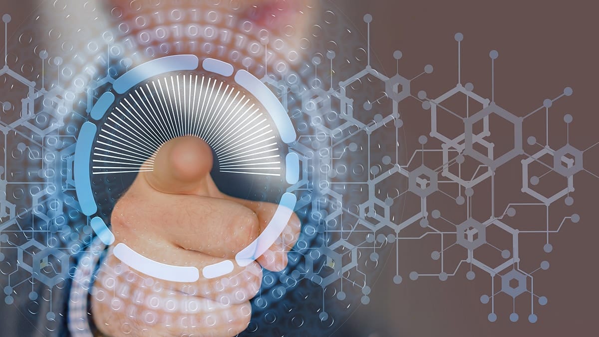 A person's hand is pointing at the camera with digital binary code and abstract geometric shapes in the background, symbolizing technology and data concepts.