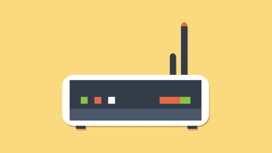 Illustration of a black and white Wi-Fi router with two antennas, set against a yellow background.