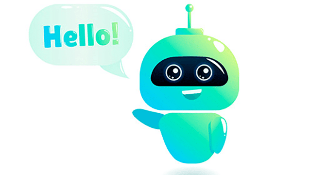 A friendly, green and blue cartoon robot waves and says Hello in a speech bubble.