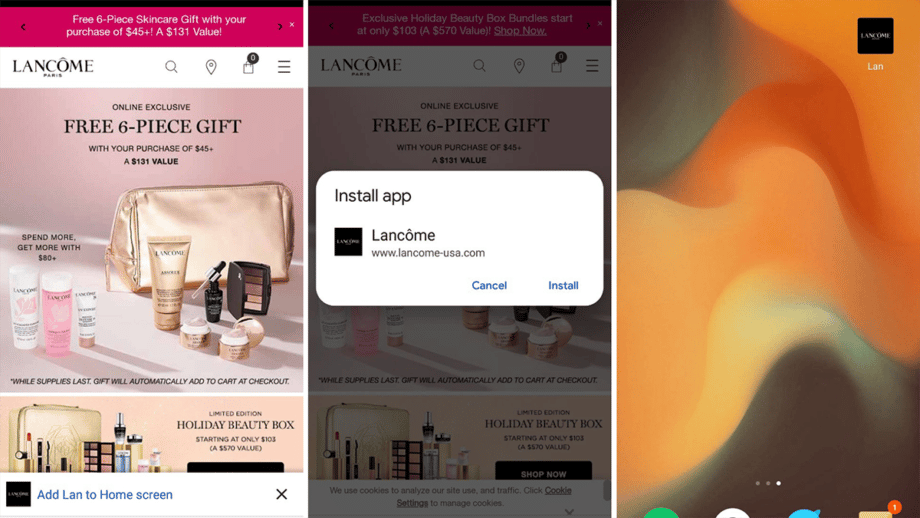 App installation prompt for Lancôme appears on a smartphone screen, with options to cancel or install. Background shows beauty products.