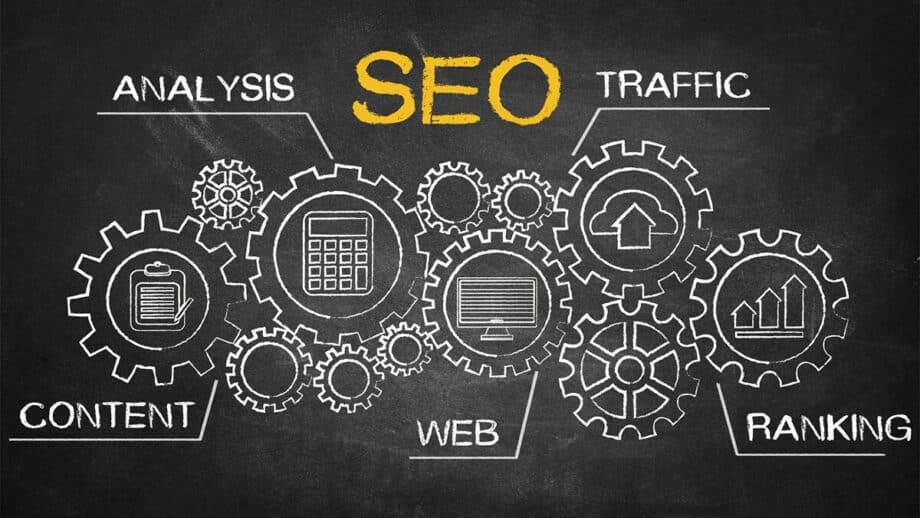 Chalkboard with conceptual seo and web-related terms connected by drawing of gears, symbolizing the various components of search engine optimization.