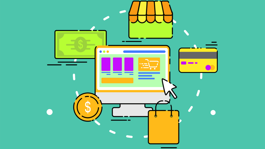 A colorful illustration of an e-commerce concept. Central computer monitor displays a shopping cart. Surrounding it are icons of a store, credit card, dollar bill, coin, and shopping bag, all connected by dotted lines on a teal background.