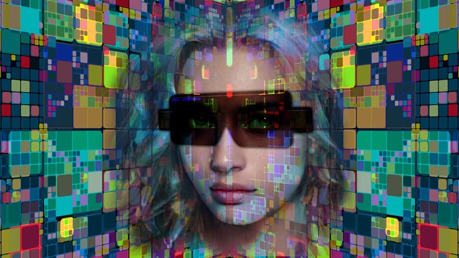 A woman with long hair and black sunglasses stands against a colorful, pixelated digital art background showing effect of a VFX software.