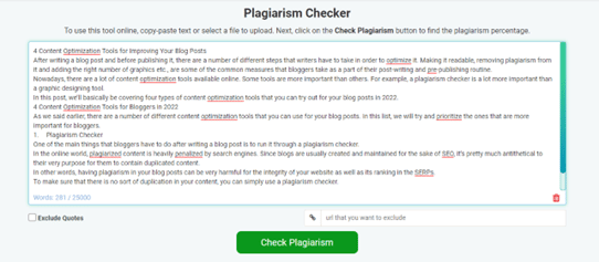 Screenshot of an online plagiarism checker with a text box filled and the Check Plagiarism button highlighted at the bottom.