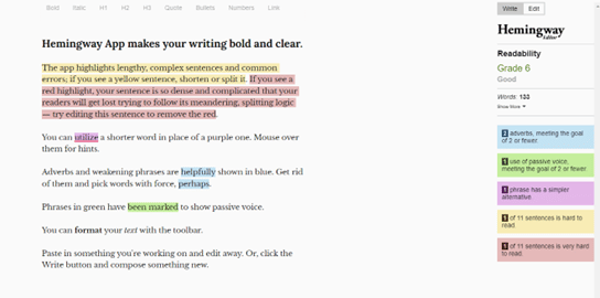 Screenshot of Hemingway App showing highlighted text with color-coded suggestions for simplifying and clarifying writing.