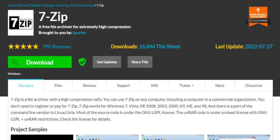 A screenshot of the 7-Zip website.
