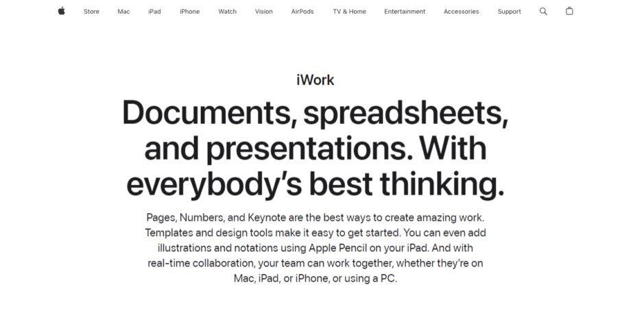 A screenshot of Apple iWork website.