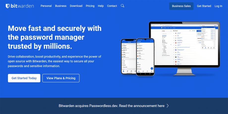 A screenshot of the Bitwarden website.