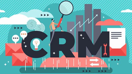 Illustration of CRM letters with business icons, graphs, emails, money symbols, and a person holding a magnifying glass.