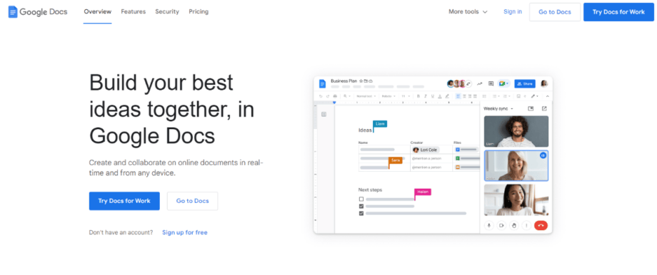 A screenshot of Google Docs website.