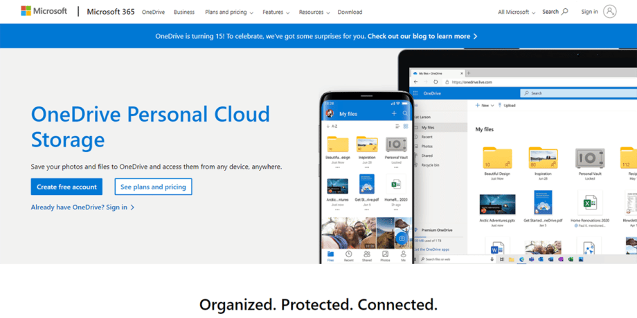 A screenshot of the Microsoft OneDrive website.