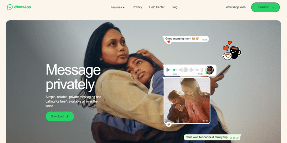 A screenshot of the WhatsApp website.