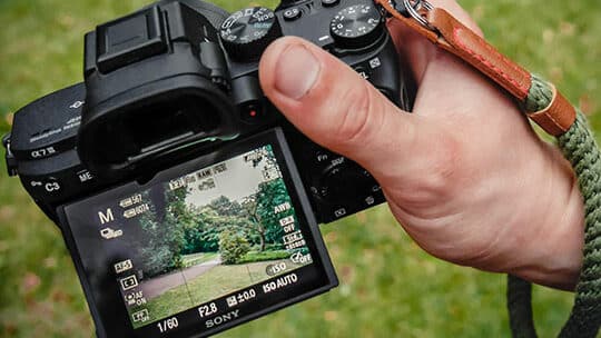 A person holds a Sony digital camera with an open screen displaying a park scene with trees and a path.