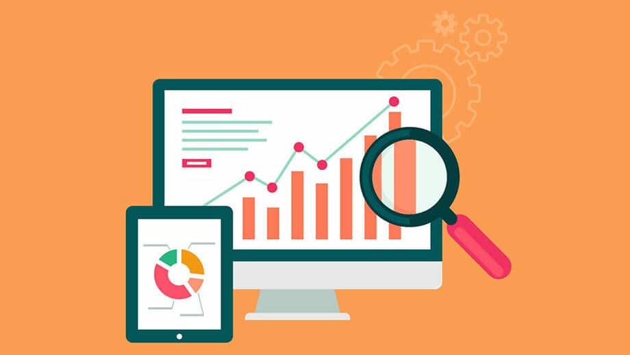 Illustration of a computer screen displaying a bar chart with upward trend, a tablet with a pie chart, and a magnifying glass, on an orange background.