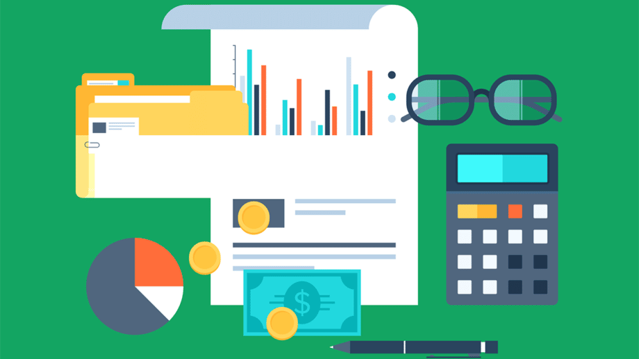 Illustration of office items: documents with charts, folders, glasses, a calculator, a pen, currency, and a pie chart on a green background.