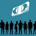 Silhouettes of business people stand under floating paper money on a blue background.