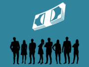 Silhouettes of business people stand under floating paper money on a blue background.