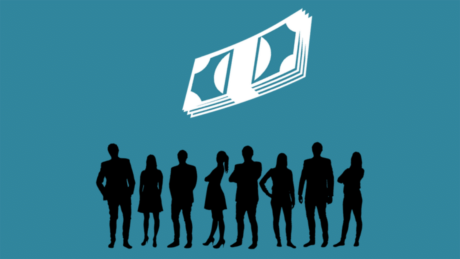 Silhouettes of business people stand under floating paper money on a blue background.