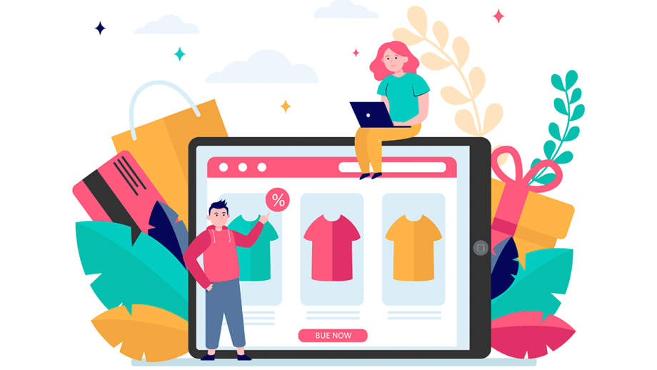 A digital illustration depicting online shopping. A large tablet screen shows a shopping website with various shirts for sale. A person standing in front of the screen points at it. Another person is sitting on top of the screen with a laptop. Shopping bags and gift boxes are in the background.