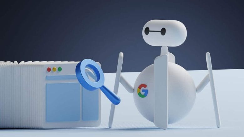 A robot with Google's logo examines a web browser tab using a magnifying glass, symbolizing web indexing or search engine optimization.