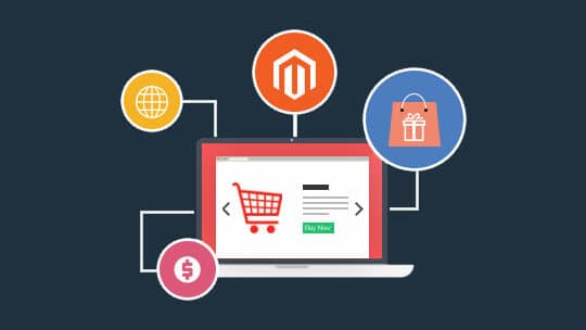 Illustration of a laptop displaying a shopping cart, with icons for shopping, payment, and global access connected around it.