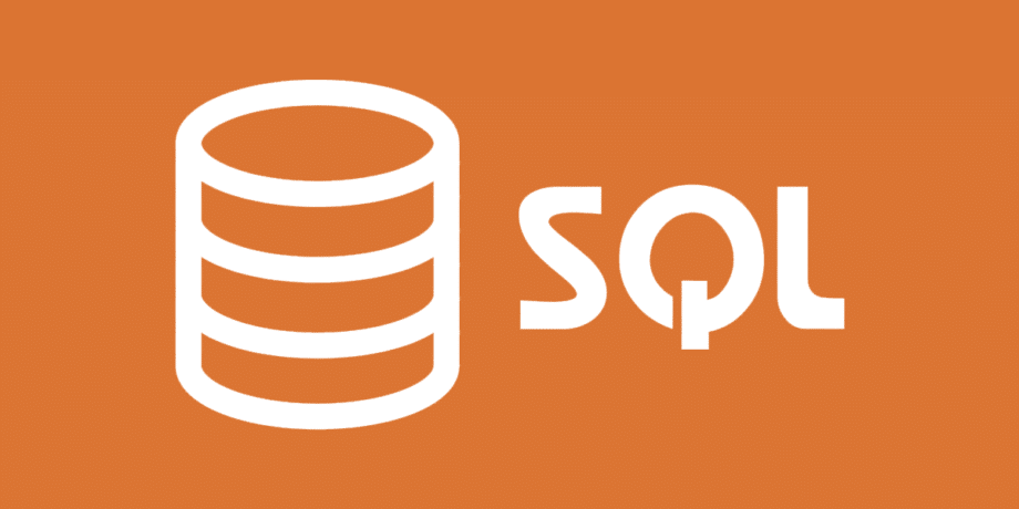 White database icon and SQL text on an orange background, representing SQL database management.