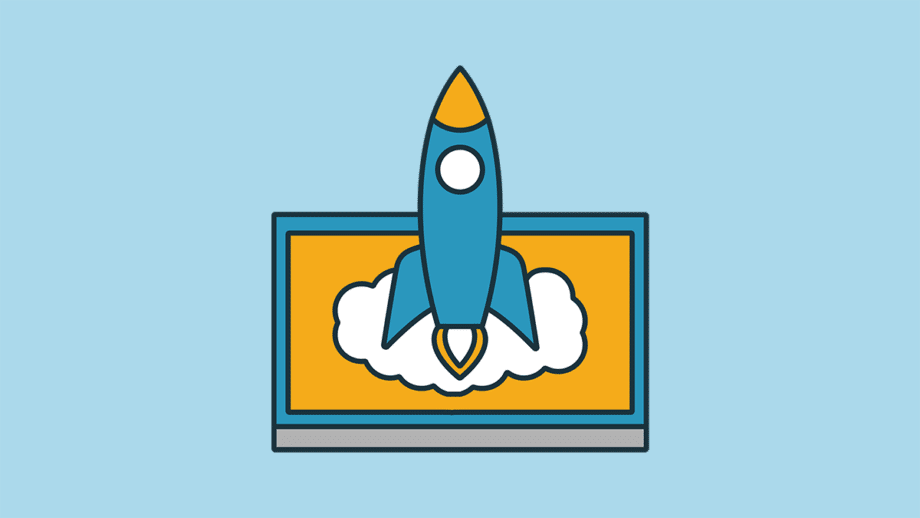 Illustration of a blue rocket ship launching from a laptop screen with an orange and yellow background.