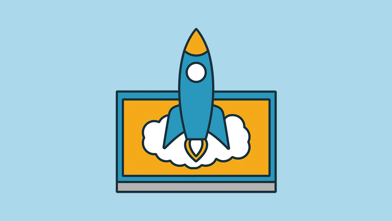 Illustration of a blue rocket ship launching from a laptop screen with an orange and yellow background.