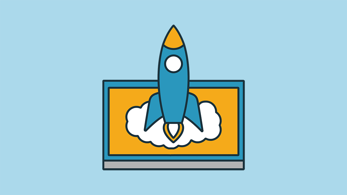 Illustration of a blue rocket ship launching from a laptop screen with an orange and yellow background.