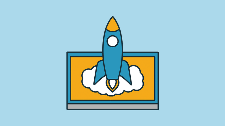 An icon of a rocket flying out of a computer screen.