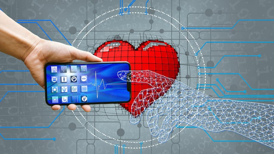 A human hand holding a smartphone touches a digital grid hand in front of a pixelated red heart, symbolizing the connection between technology and healthcare.