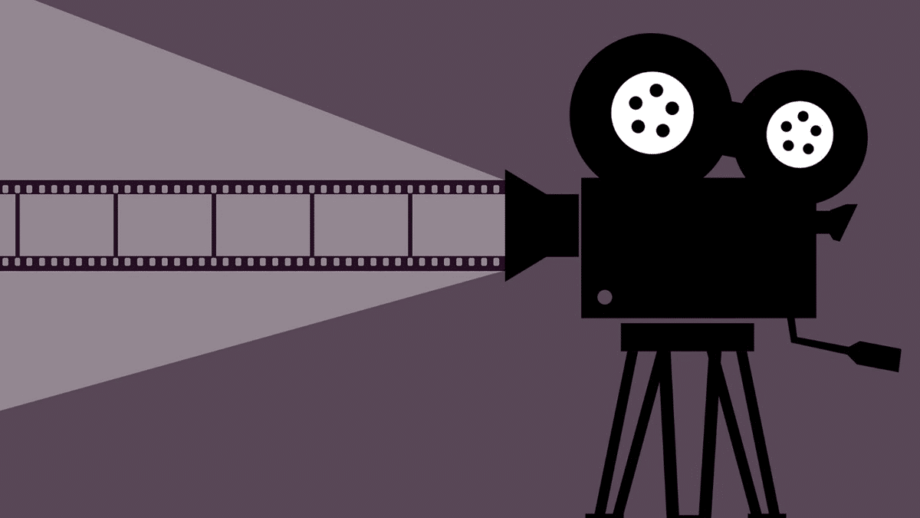 Illustration of a vintage film projector on a tripod projecting filmstrip frames against a purple background.