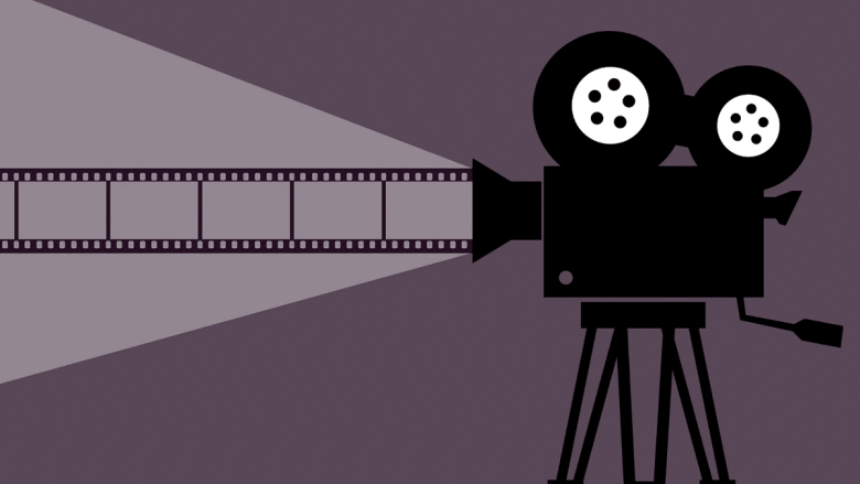 Illustration of a vintage film projector on a tripod projecting filmstrip frames against a purple background.