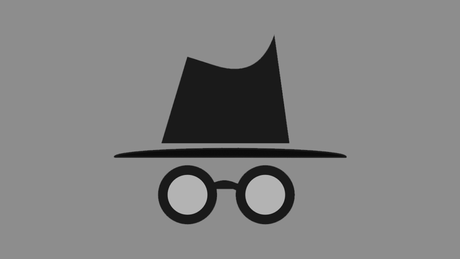 Icon of a black fedora hat and round eyeglasses on a gray background, resembling a minimalist detective or incognito theme.