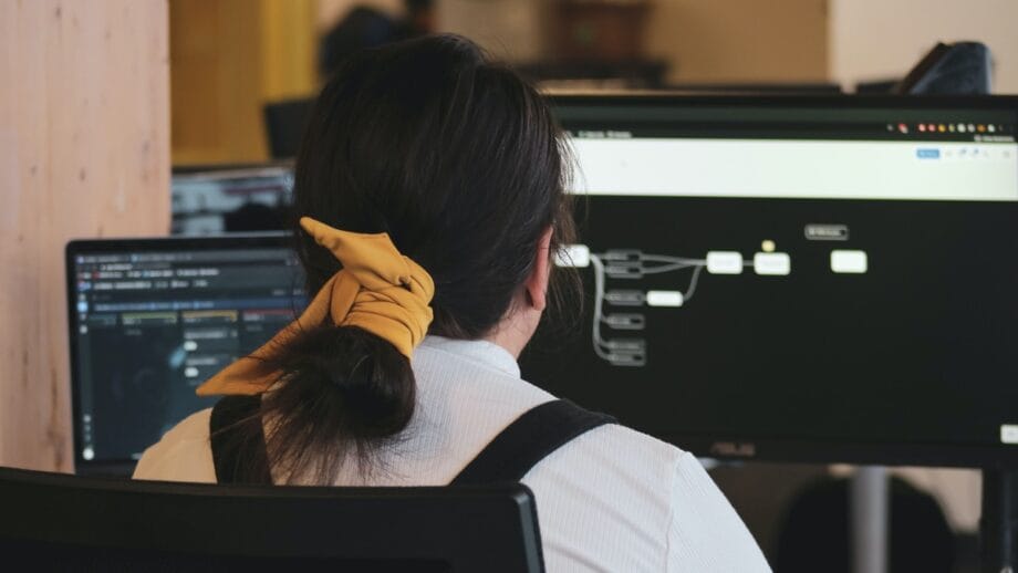 A woman sitting in front of a computer screen.