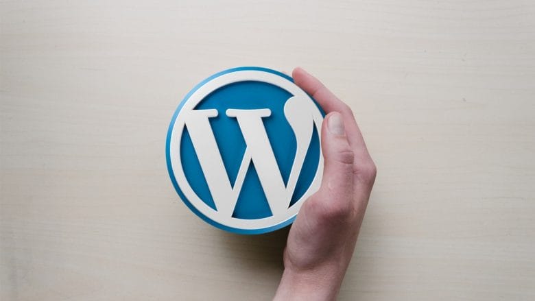 A person holding a wordpress logo on top of a wooden table.