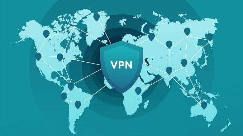 A world map with connected nodes in different locations and a central shield labeled "VPN.