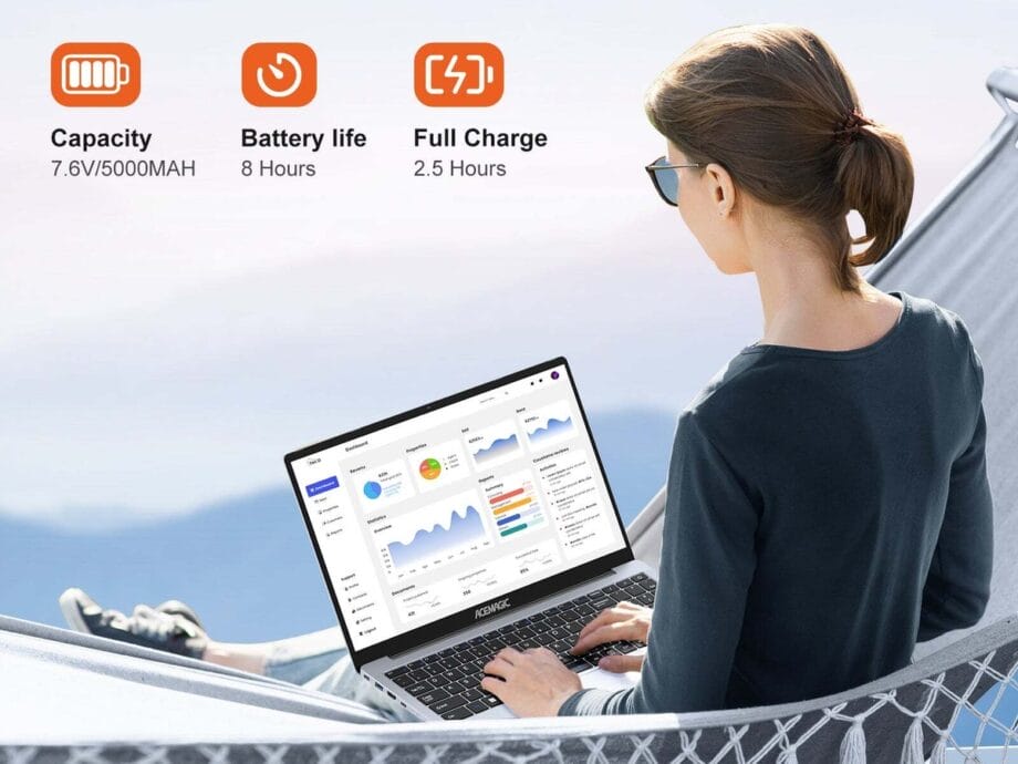 A woman sitting in a hammock with an ACEMAGIC ‎AX15 Laptop laptop on her lap.