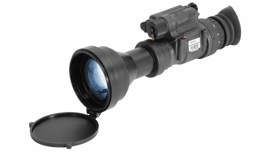 An ATN spotting night vision monocular scope on a white background.