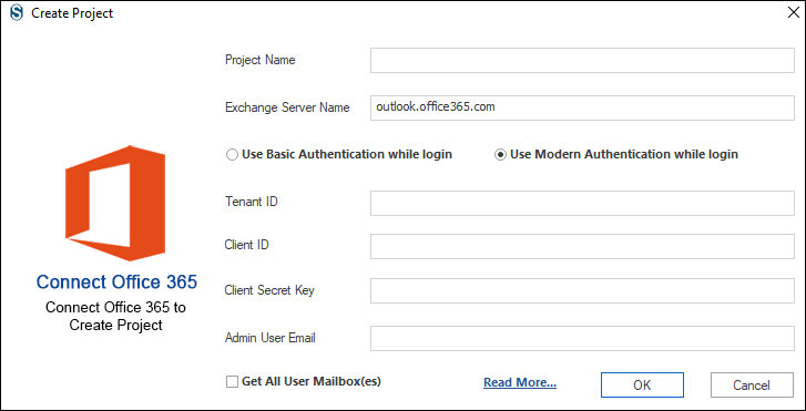 Enter the needed details to create a Connect Office 365 Project. Click on the OK button.