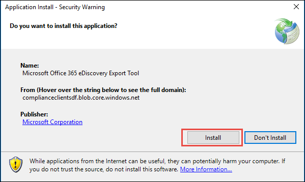 Click the Install button to download the eDiscovery Export tool.