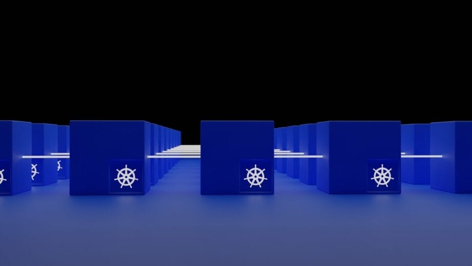 A 3d image of a blue microservices server cube with a symbol on it.