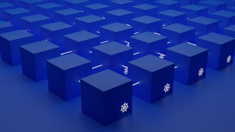 A group of blue microservices server cubes arranged in a row.