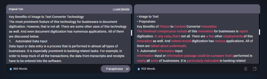 Paraphrase Online: A screenshot of a text editor on a mobile device.