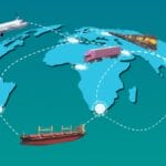 A map of the world with a plane, truck, and ship.