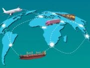 A map of the world with a plane, truck, and ship.