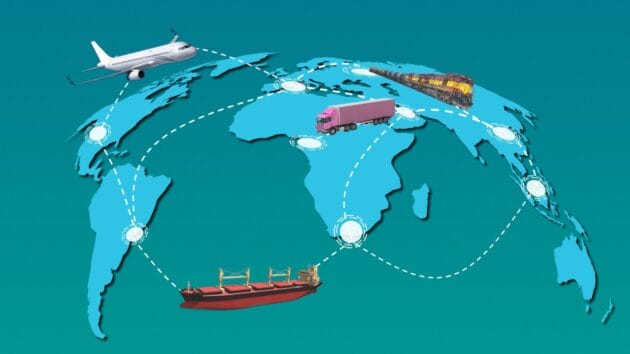 A map of the world with a plane, truck, and ship.