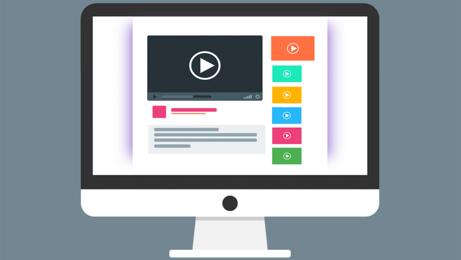 Illustration of a computer monitor displaying a video player interface with various playback controls and colorful icons.